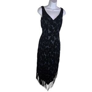 Vtg Y2k Muse Black Burnout Velvet Beaded Fringed Flapper Style Dress